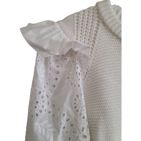 Fate Dnu Eyelet Sweater in White 100% Cotton Ruffled Shoulder Button Cuff - Picture 6 of 9